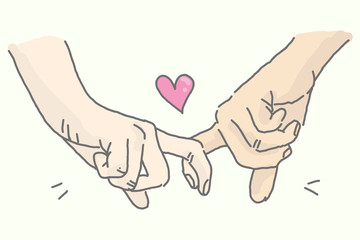 Couples are sharing their fingers with mini heart shape. Lovely hand drawing style.
