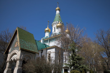 Fototapeta na wymiar Close up of the golden domes of the Russian Church in Sofia, Bulgaria.