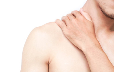 Fototapeta premium Closeup man hand holding shoulder with pain on white background