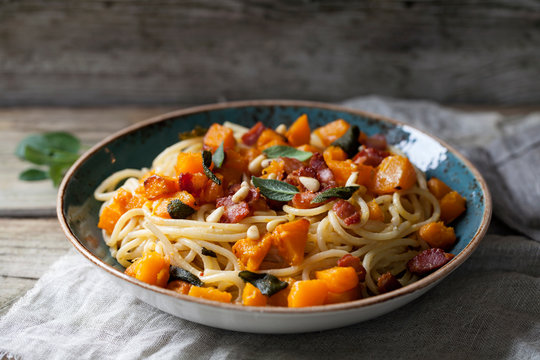 Spaghetti With Roast Butternut Squash, Bacon And Sage