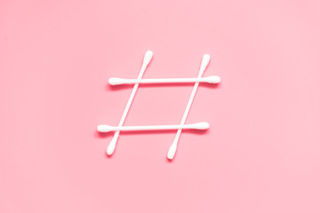 Hashtag symbol made from cotton swabs. Hygiene awareness.