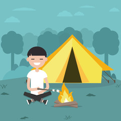 Young character roasting marshmallows on fire.Flat cartoon design.Clip art