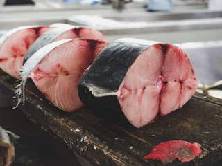 Fresh fish at the fish market. Close-up. Concept of healthy eating