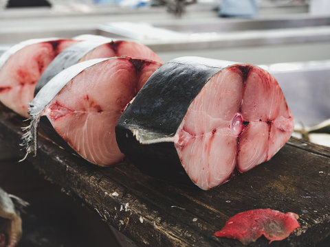 Fresh fish at the fish market. Close-up. Concept of healthy eating