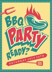 Funky design concept for barbecue party. Retro poster with steak on the grill. Playful food cartoon vector for summer bbq. 