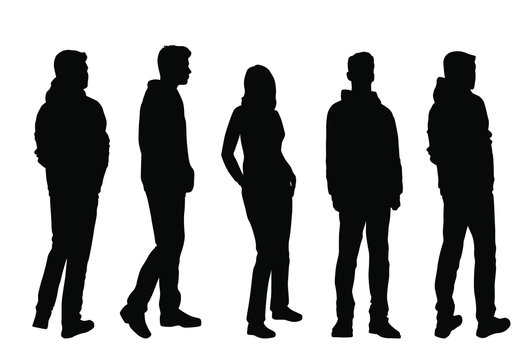 Set of vector silhouettes of  men and a woman, a group of standing business people, black color isolated on white background