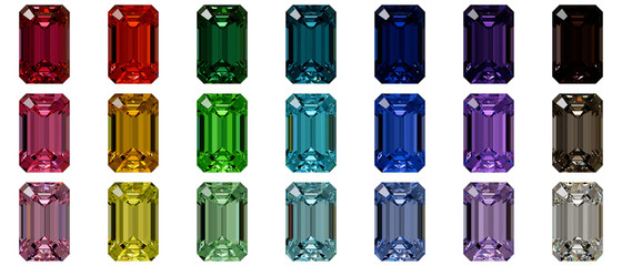 Set of multi colored emerald cut diamonds isolated on white background