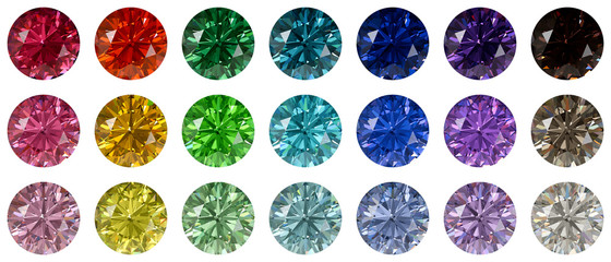 Set of multi colored round brilliant cut diamonds isolated on white background - obrazy, fototapety, plakaty