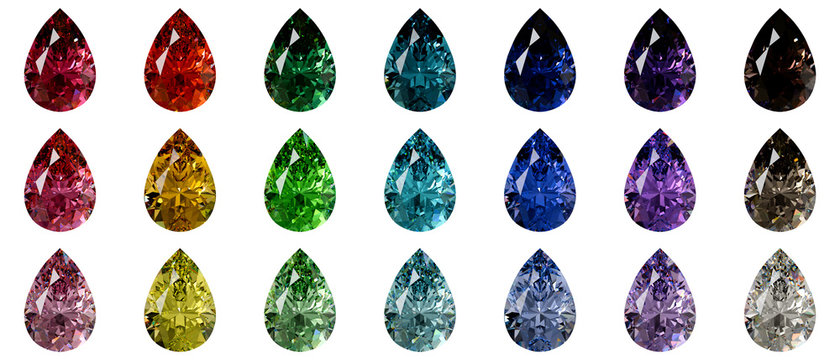 Set of multi colored pear cut diamonds isolated on white background