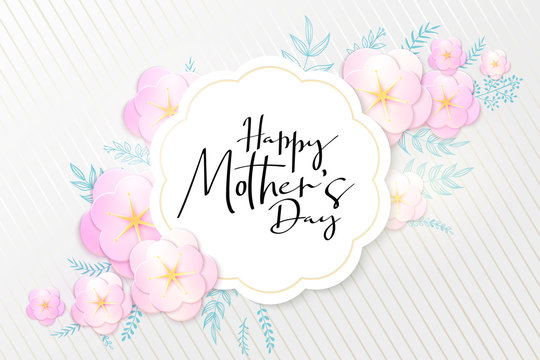 Vector illustration of mother's day greetings banner template with paper spring apple flowers and hand lettering quote - happy mothers day