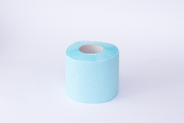 top view roll of blue toilet paper isolated on white background