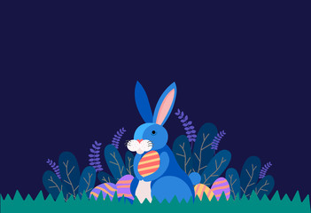 Easter illustration with bunny rabbit holding egg , plant, and egg hunt in the forest for banner, greeting card ,flat Design, decoration template vector/ - Vector - 258729374