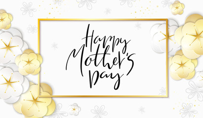 Vector illustration of mother's day greetings banner template with paper spring apple flowers and hand lettering quote - happy mothers day