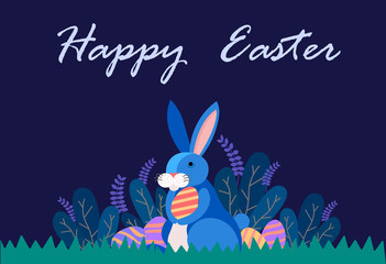 Happy Easter illustration with bunny rabbit holding egg, plant, and egg hunt in the forest for banner, greeting card ,Flat design, decoration template vector/ - Vector - 258729514