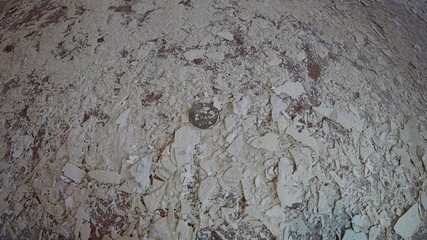 coin lies on white old plaster pieces, brown background