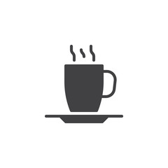 Hot coffee cup vector icon. filled flat sign for mobile concept and web design. Tea cup with saucer and steam glyph icon. Symbol, logo illustration. Pixel perfect vector graphics