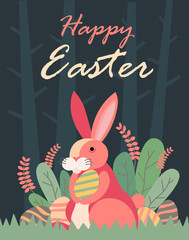Happy Easter illustration with bunny rabbit holding egg, plant, and egg hunt in the forest for banner, greeting card ,Flat design, decoration template vector/ - Vector - 258729795