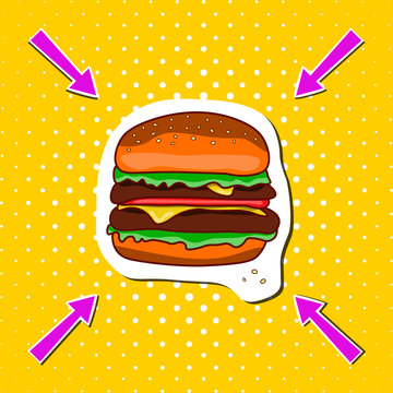  Classic colored hamburger on a yellow pop background whith arrows.Fastfood meal.Zine art. Vector illustration Описание (на английском языке)10