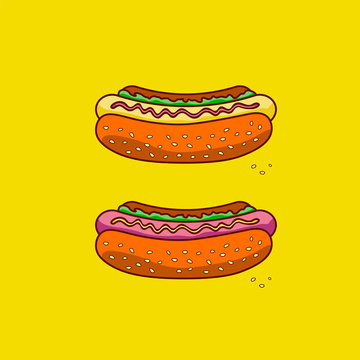 Two classic hot dog on a yellow  background.Fast food. Junk food. Vector illustration.