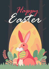 Happy Easter illustration with bunny rabbit holding egg, plant, and egg hunt in the forest for banner, greeting card ,Flat design, decoration template vector/ - Vector - 258729957