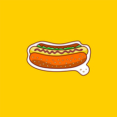 Classic hot dog on a yellow  background whith a frame.Fast food. Junk food. Vector illustration.
