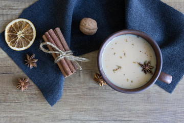 Tea masala. Cinnamon, black tea with milk.