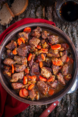 Irish beef, traditional roast, top view, selective focus
