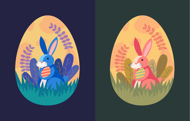 Easter illustration with bunny rabbit holding egg , plant, and egg hunt in the forest for banner, greeting card ,flat Design, decoration template vector/ - Vector - 258731321