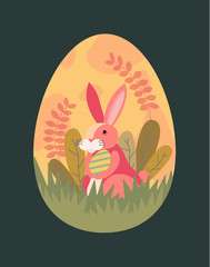 Easter illustration with bunny rabbit holding egg , plant, and egg hunt in the forest for banner, greeting card ,flat Design, decoration template vector/ - Vector - 258731327