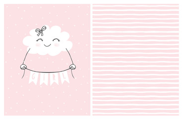 Lovely Pink Baby Shower Vector Card. Smiling White Fluffy Cloud Holding a Banner with the Inscription Girl. Cute Hand Drawn Cloud on a Light Pink Background. Irregular Stripped Vector Pattern.