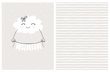 Lovely Gender Neutral Baby Shower Vector Card. Smiling White Fluffy Cloud Holding a Banner with the Inscription Twins.Cute Hand Drawn Cloud on a Light Gray Background.Irregular Stripped Vector Pattern