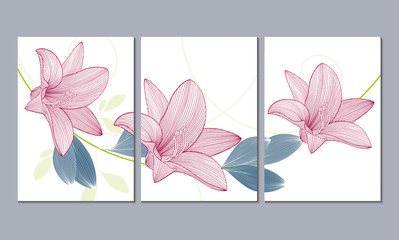 A set of 3 canvases for wall decoration in the living room, office, bedroom, kitchen, office. Home decor of the walls. Floral background with flowers of lily. Element for design. 