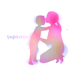 Obraz na płótnie Canvas Double exposure illustration. Side view of Happy mom with son silhouette plus abstract water color painted. Mother's day. Digital art painting.