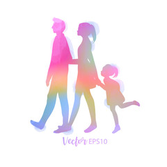 Parents having good time with their child.  Happy family walking together isolated on white background. Watercolor style. Vector illustration.