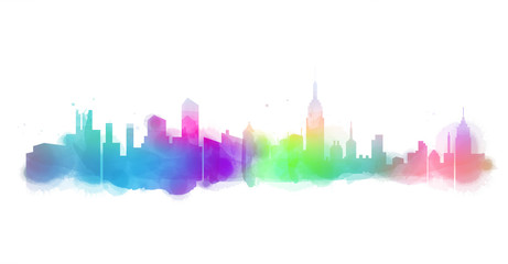 Silhouette of city skyline in watercolor background. Skyscraper with Copy Space Vector Illustration.