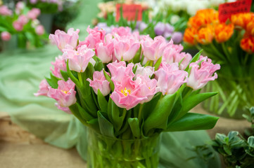  large bouquet of delicate pink tulips. Greeting card, hello spring concept