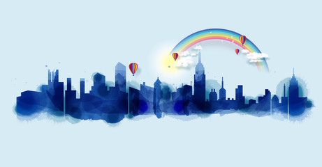 Silhouette of city skyline in watercolor background. Skyscraper with Copy Space Vector Illustration.