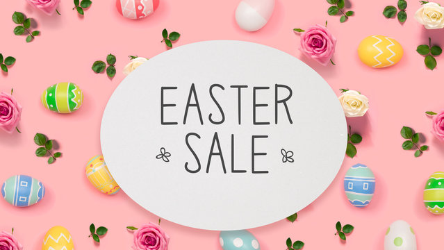 Easter sale message with Easter eggs on a pink background