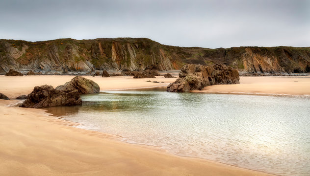 Marloes Sands Bay near Skomer island, one of the best beaches in South Wales UK