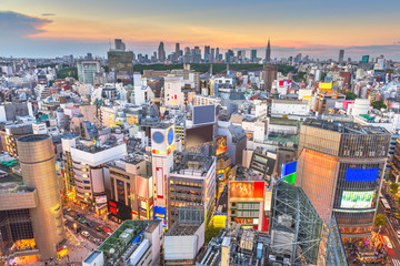 Tokyo, Japan city skyline over Shibuya Ward with the Shinjuku Ward skyline in the distance.