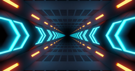 flying into tunnel, sci-fi spaceship corridor. Futuristic technology abstract seamless for tech titles and background. graphic network, big data, data center, server, internet, speed. 3D render - obrazy, fototapety, plakaty