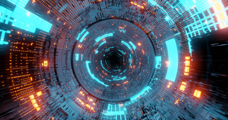 flying into tunnel, sci-fi spaceship corridor. Futuristic technology abstract seamless for tech titles and background. graphic network, big data, data center, server, internet, speed. 3D render