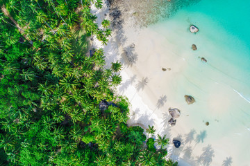 Aerial view exotic white sand beach turquoise sea water