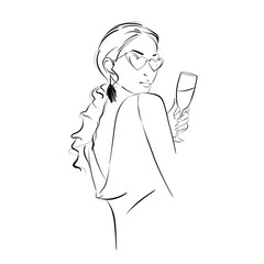 Outline sketch of a girl celebrating herself with a glass of champagne