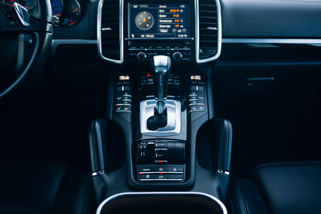 Car gearbox knob and transmission control in modern suv car