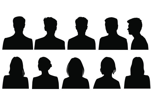 Set silhouettes of men and women, business profile avatar,  group people,black color, isolated on white background