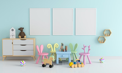 Three blank photo frame for mockup in childern room, 3D rendering