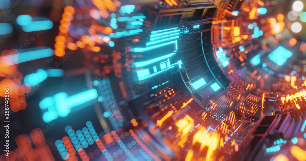 Poster abstract technology background, led and flickering particles. animation of electric circuit signal w