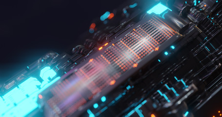 Abstract technology background, led and flickering particles. Animation of electric circuit signal with light glow and Bokeh. Futuristic concept. 3D render