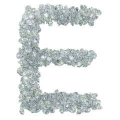 Diamond font, letter E from diamonds. 3D rendering